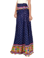Bandhani Print & Kutchi Embroidered Border Rayon Skirt/Chaniya - BandhaniSkirt-NavyBlue