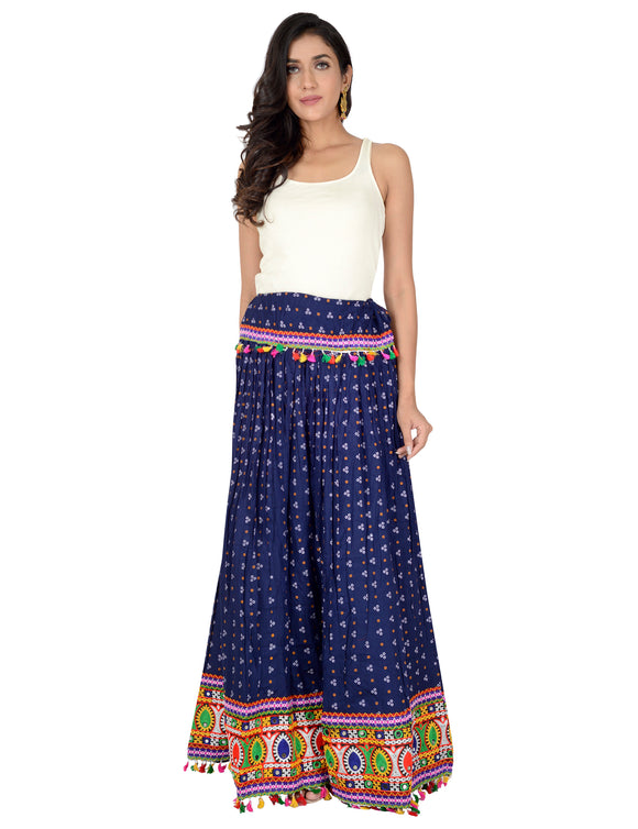 Bandhani Print & Kutchi Embroidered Border Rayon Skirt/Chaniya - BandhaniSkirt-NavyBlue