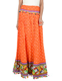 Bandhani Print & Kutchi Embroidered Border Rayon Skirt/Chaniya - BandhaniSkirt-Orange