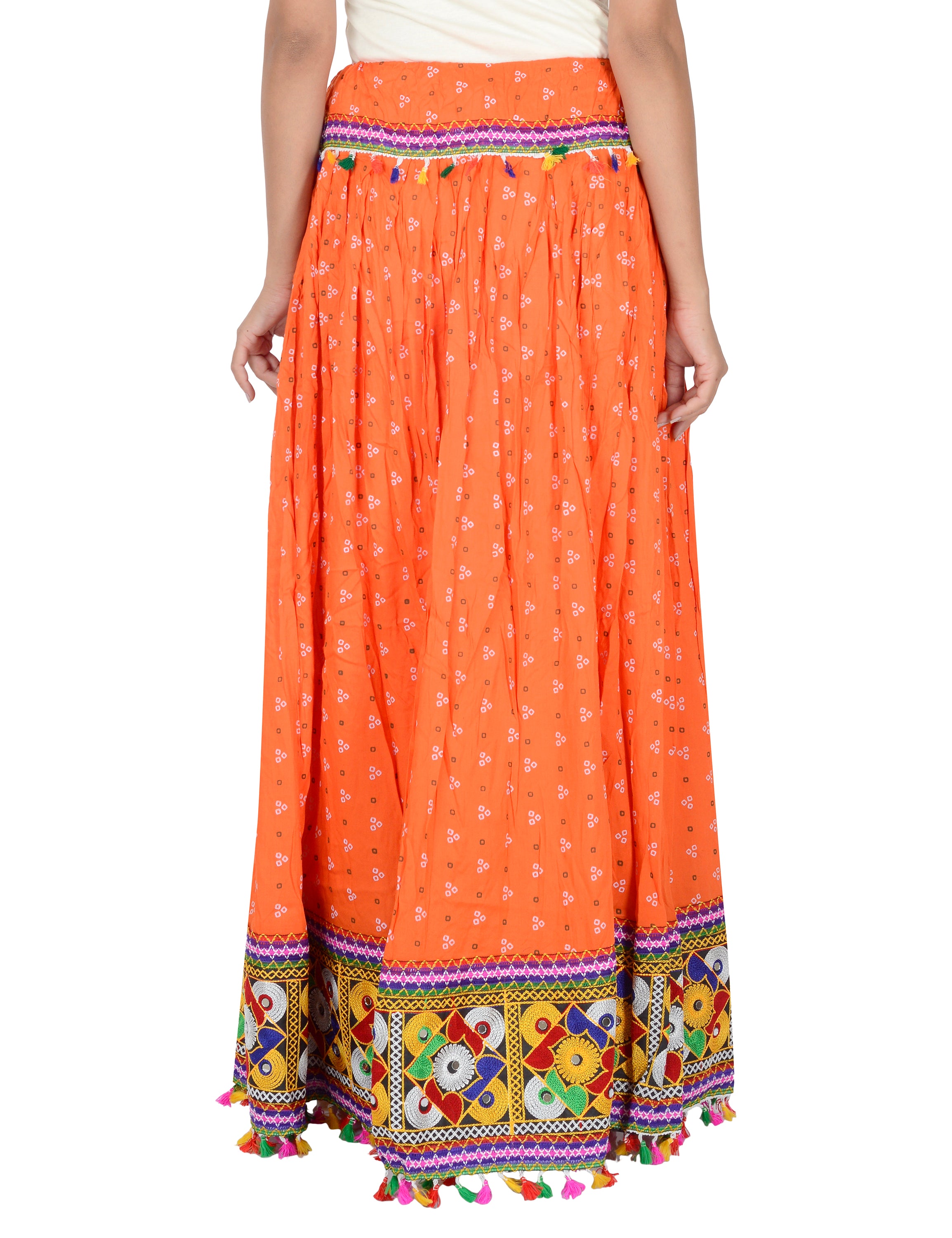 Bandhani Print & Kutchi Embroidered Border Rayon Skirt/Chaniya - BandhaniSkirt-Orange