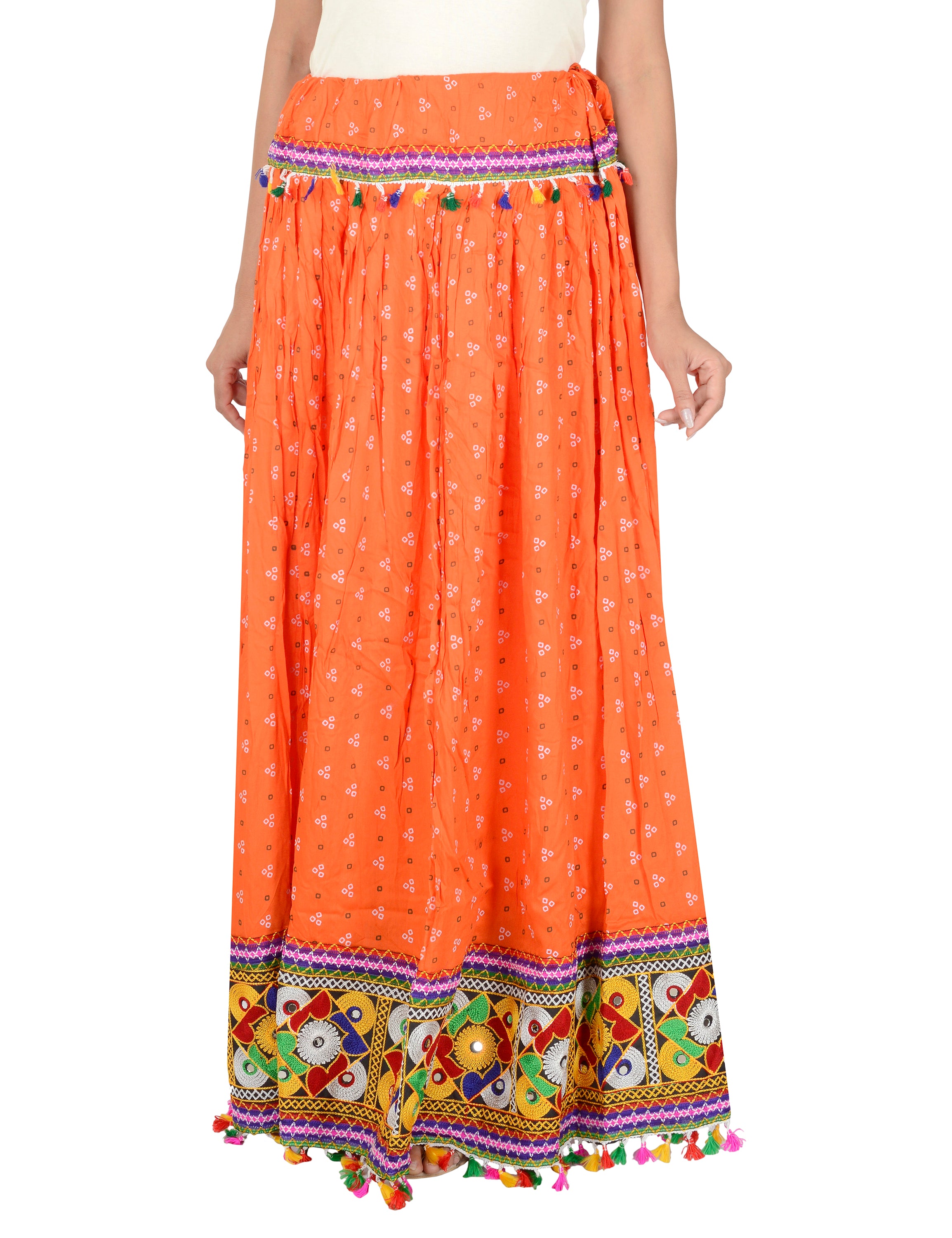 Bandhani Print & Kutchi Embroidered Border Rayon Skirt/Chaniya - BandhaniSkirt-Orange