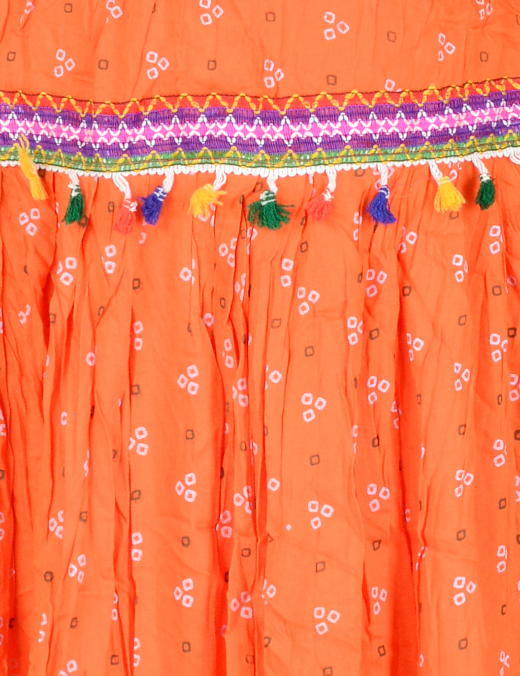 Bandhani Print & Kutchi Embroidered Border Rayon Skirt/Chaniya - BandhaniSkirt-Orange