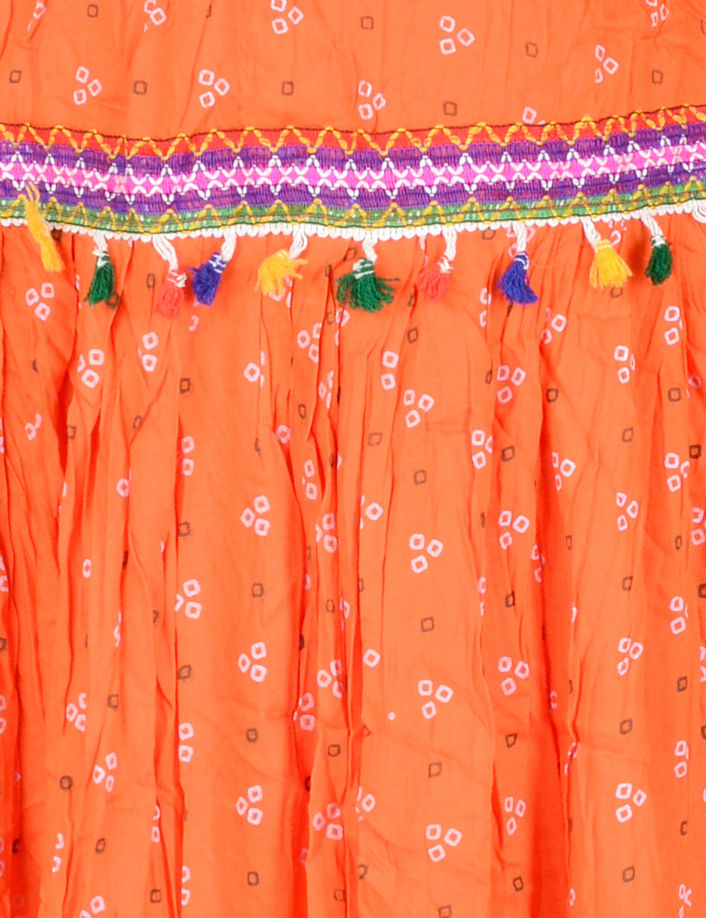 Bandhani Print & Kutchi Embroidered Border Rayon Skirt/Chaniya - BandhaniSkirt-Orange