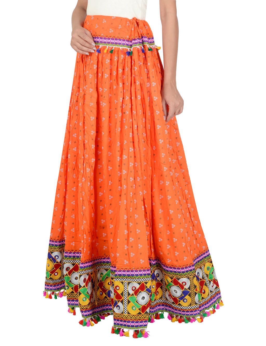 Bandhani Print & Kutchi Embroidered Border Rayon Skirt/Chaniya - BandhaniSkirt-Orange