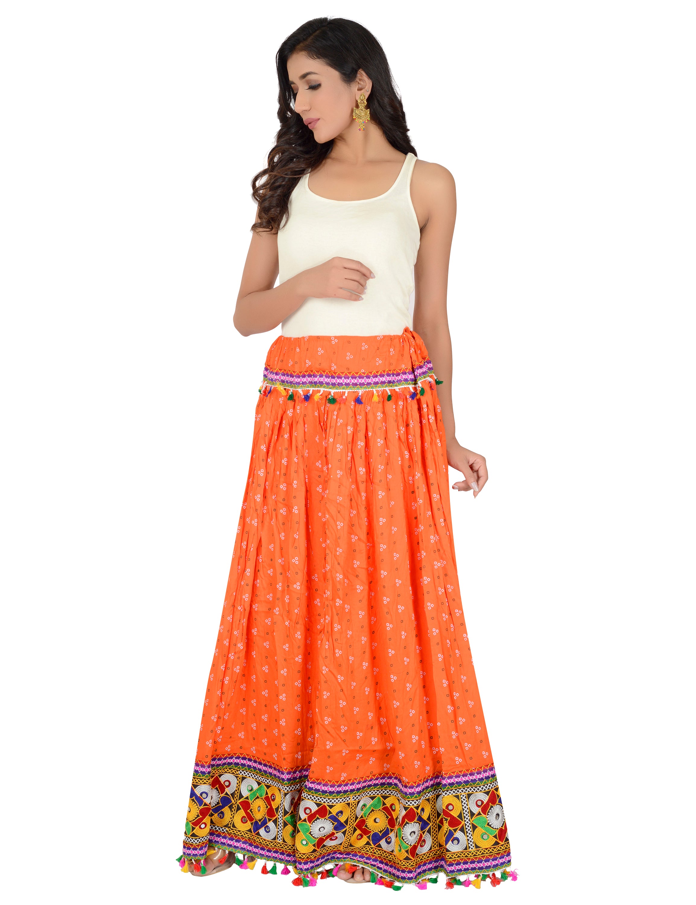 Bandhani Print & Kutchi Embroidered Border Rayon Skirt/Chaniya - BandhaniSkirt-Orange