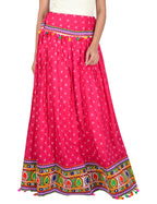 Bandhani Print & Kutchi Embroidered Border Rayon Skirt/Chaniya - BandhaniSkirt-Pink