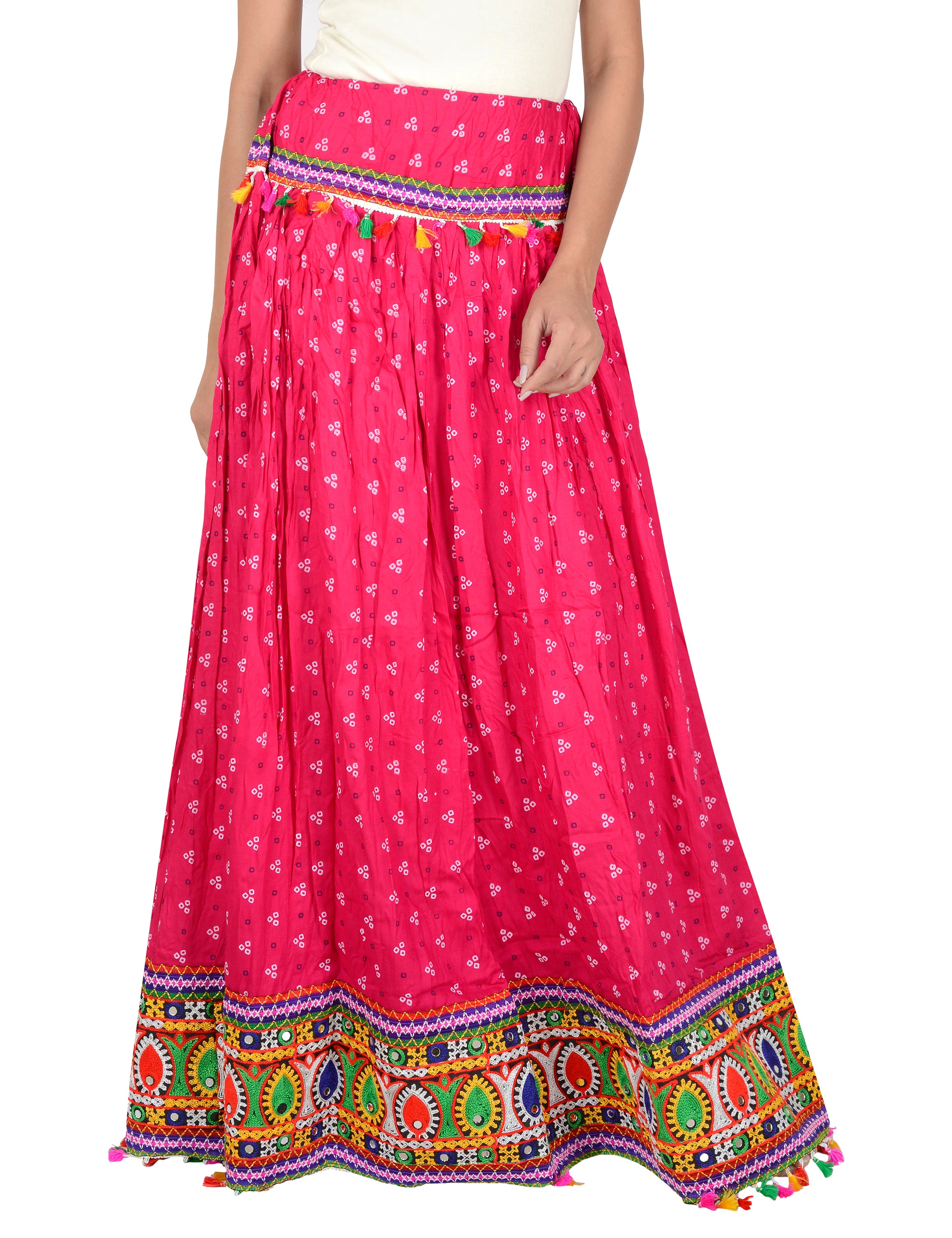 Bandhani Print & Kutchi Embroidered Border Rayon Skirt/Chaniya - BandhaniSkirt-Pink