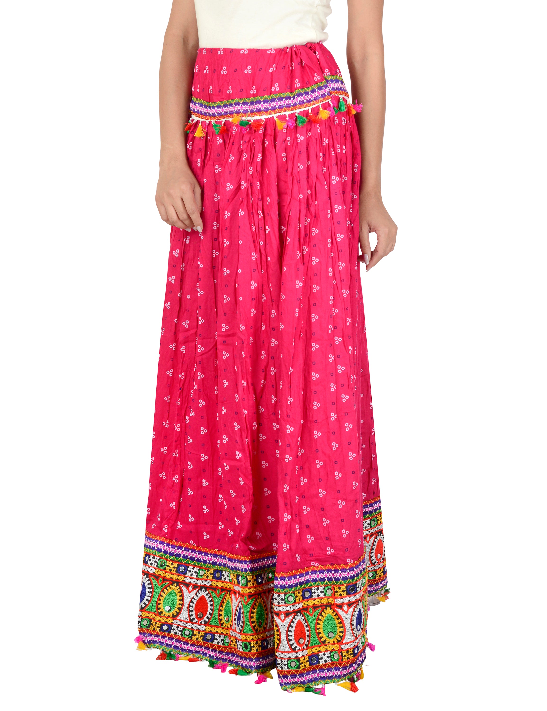 Bandhani Print & Kutchi Embroidered Border Rayon Skirt/Chaniya - BandhaniSkirt-Pink