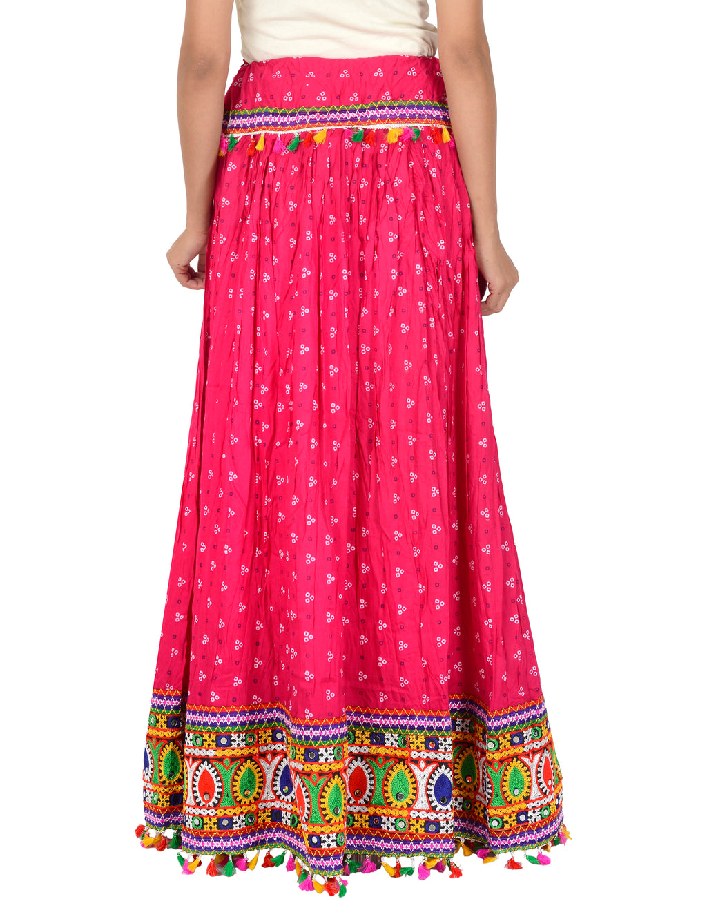 Bandhani Print & Kutchi Embroidered Border Rayon Skirt/Chaniya - BandhaniSkirt-Pink