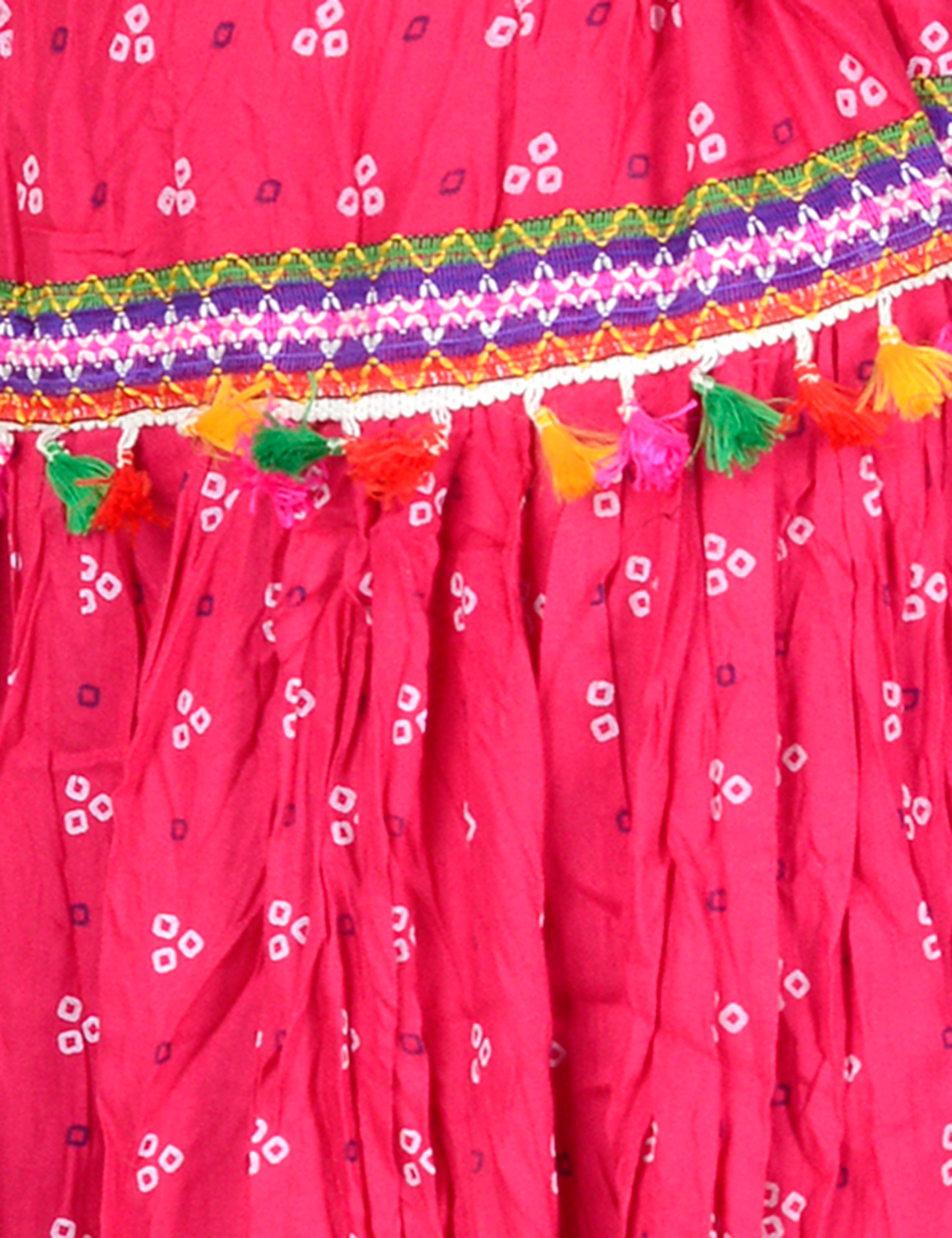 Bandhani Print & Kutchi Embroidered Border Rayon Skirt/Chaniya - BandhaniSkirt-Pink