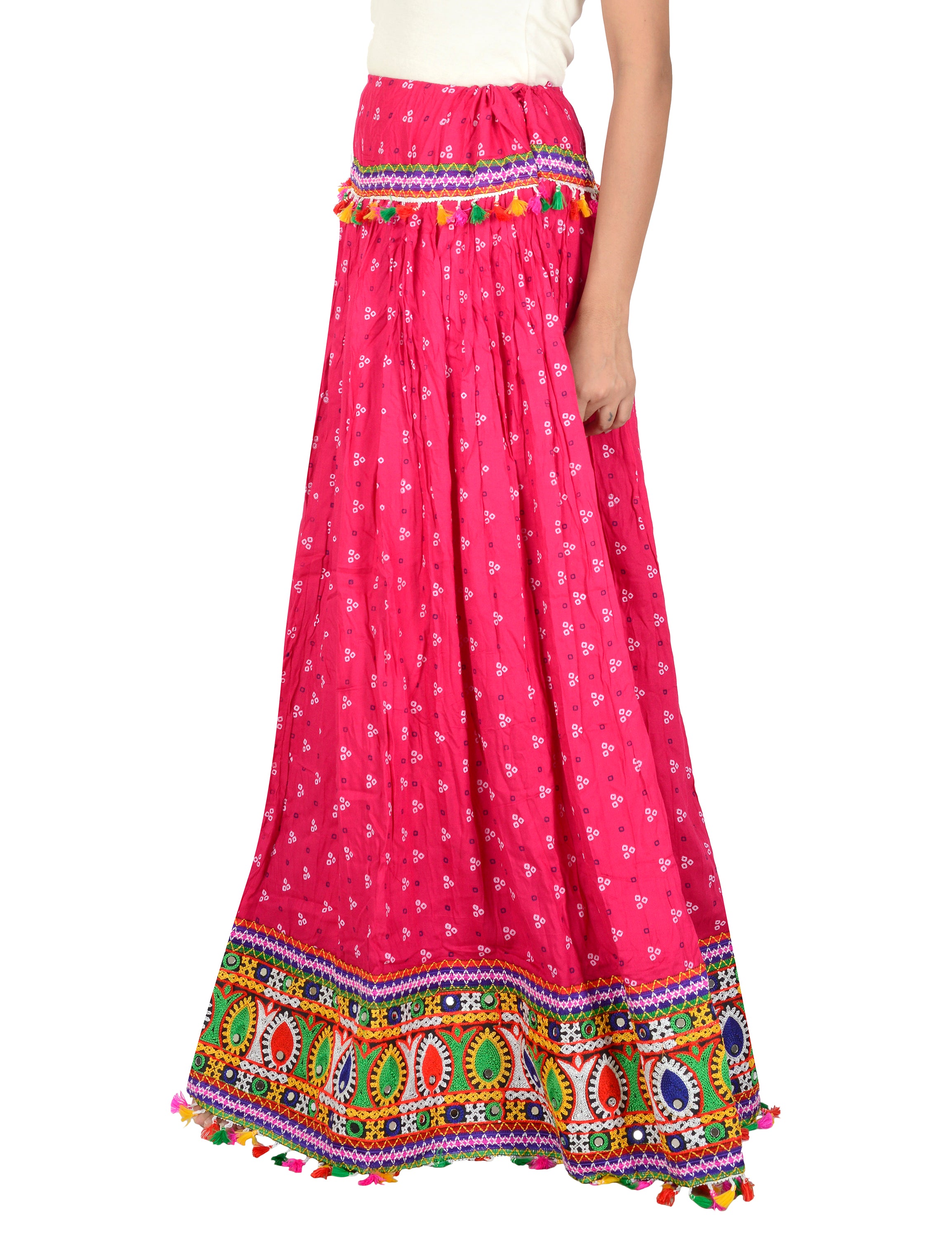 Bandhani Print & Kutchi Embroidered Border Rayon Skirt/Chaniya - BandhaniSkirt-Pink