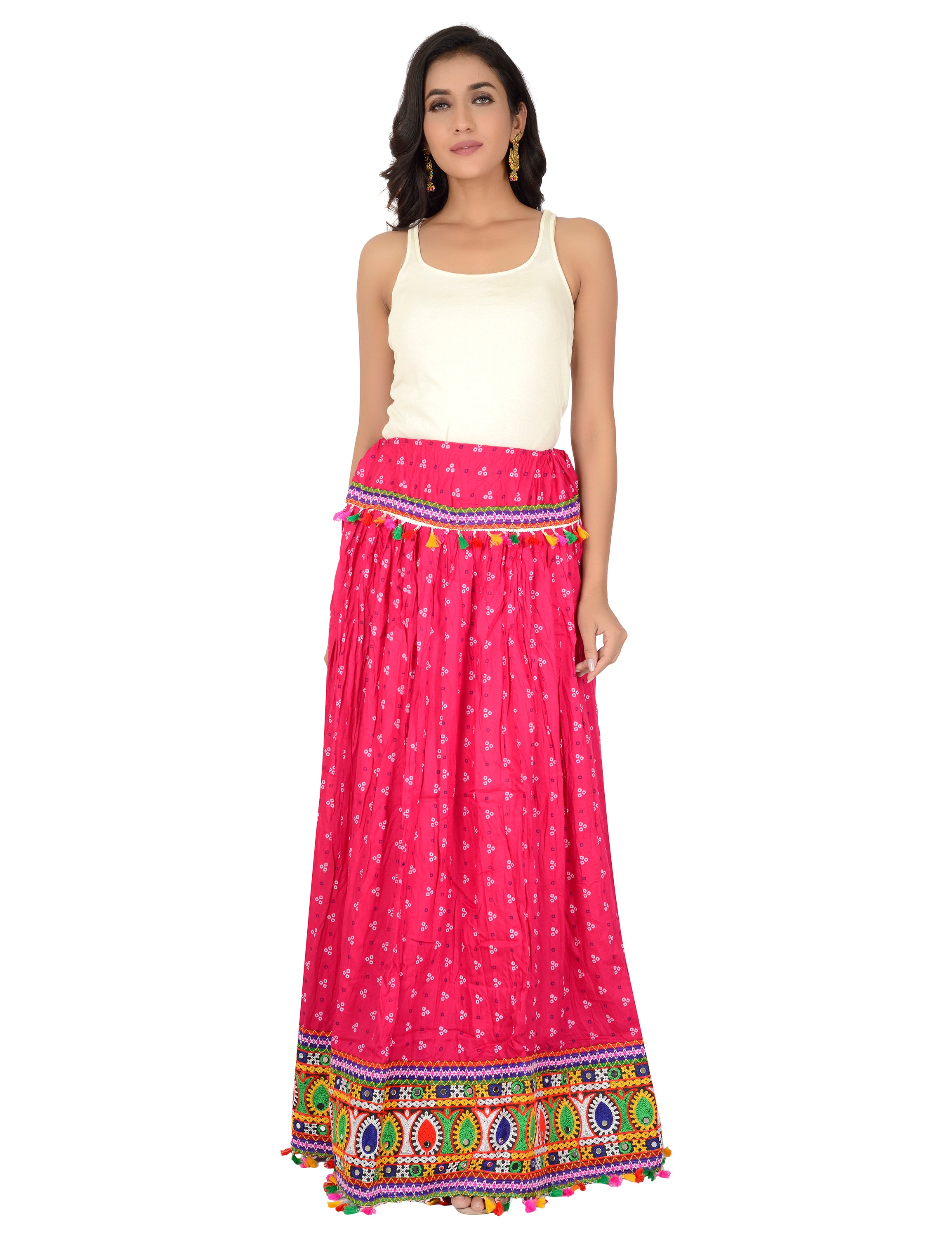 Bandhani Print & Kutchi Embroidered Border Rayon Skirt/Chaniya - BandhaniSkirt-Pink