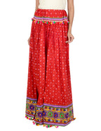 Bandhani Print & Kutchi Embroidered Border Rayon Skirt/Chaniya - Bandhani Skirt-Red