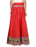 Bandhani Print & Kutchi Embroidered Border Rayon Skirt/Chaniya - Bandhani Skirt-Red