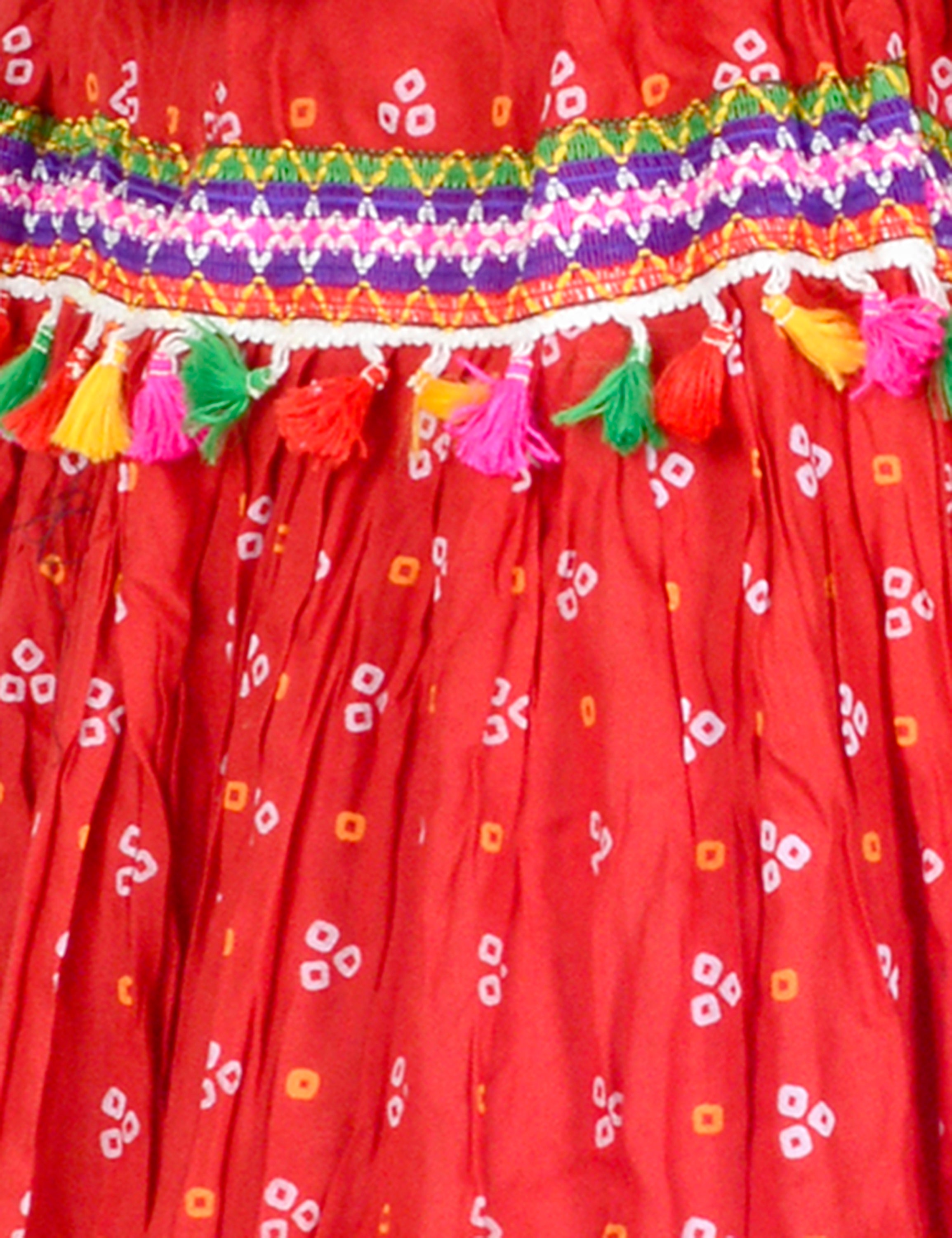 Bandhani Print & Kutchi Embroidered Border Rayon Skirt/Chaniya - Bandhani Skirt-Red