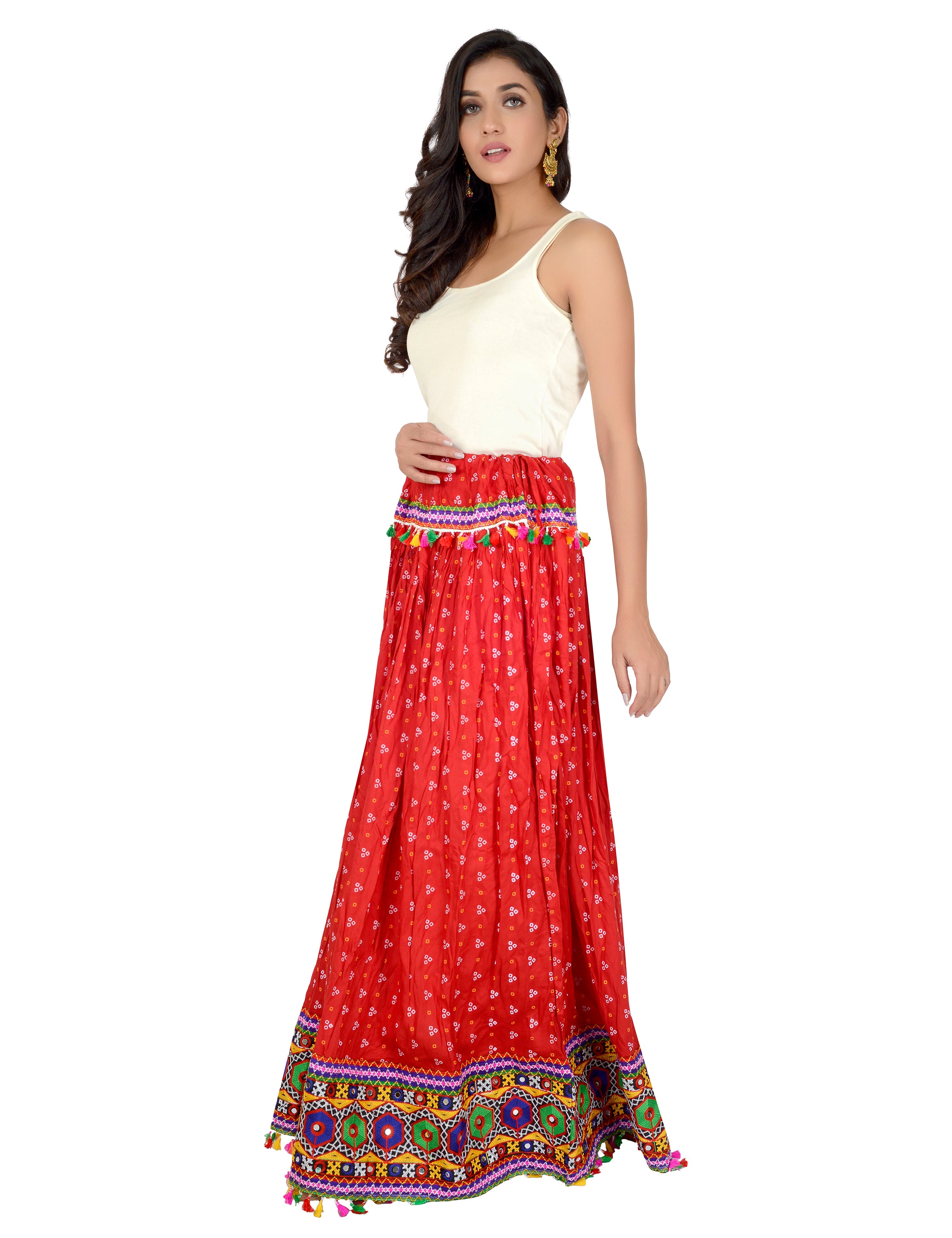 Bandhani Print & Kutchi Embroidered Border Rayon Skirt/Chaniya - Bandhani Skirt-Red
