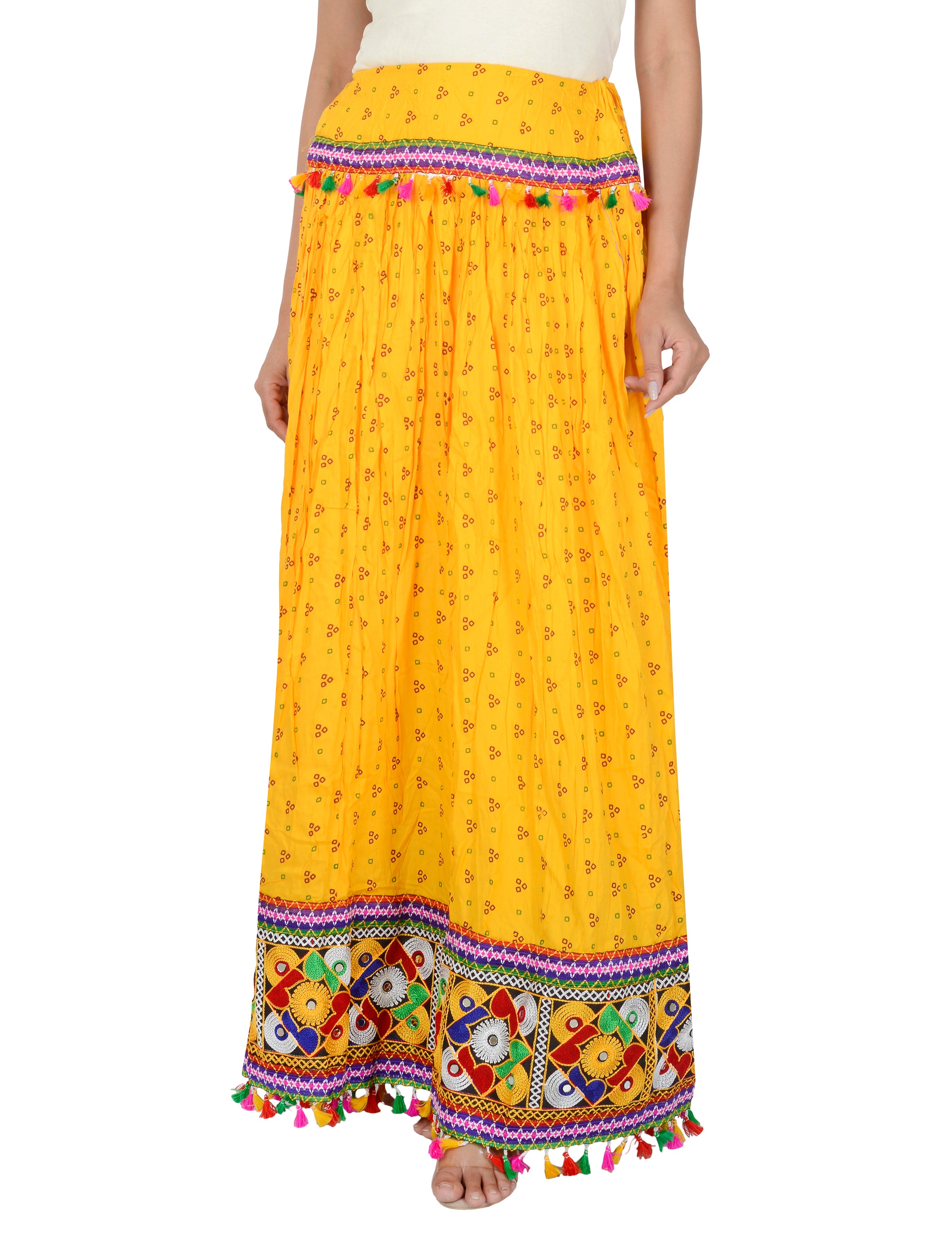 Bandhani Print & Kutchi Embroidered Border Rayon Skirt/Chaniya - BandhaniSkirt-Yellow