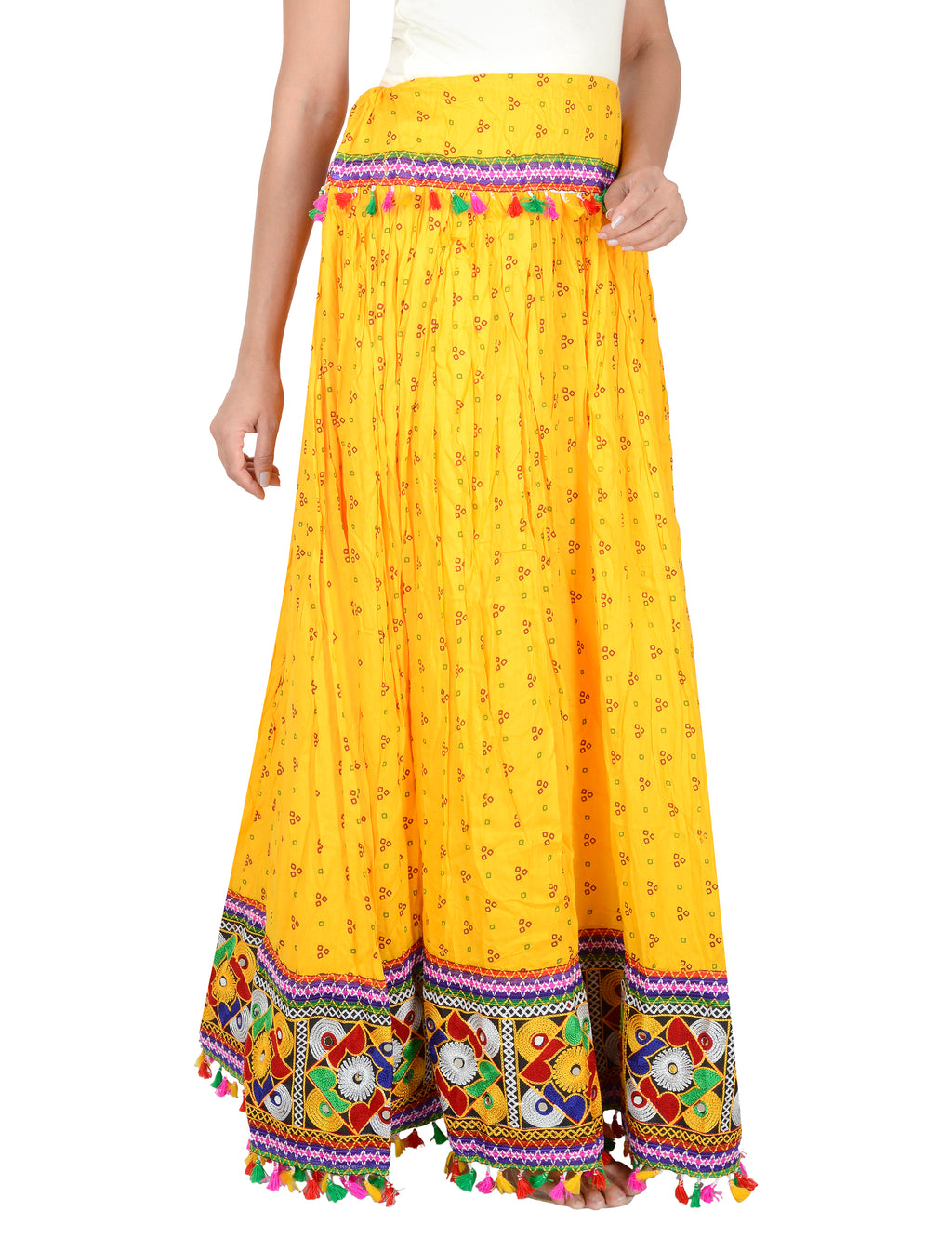 Bandhani Print & Kutchi Embroidered Border Rayon Skirt/Chaniya - BandhaniSkirt-Yellow