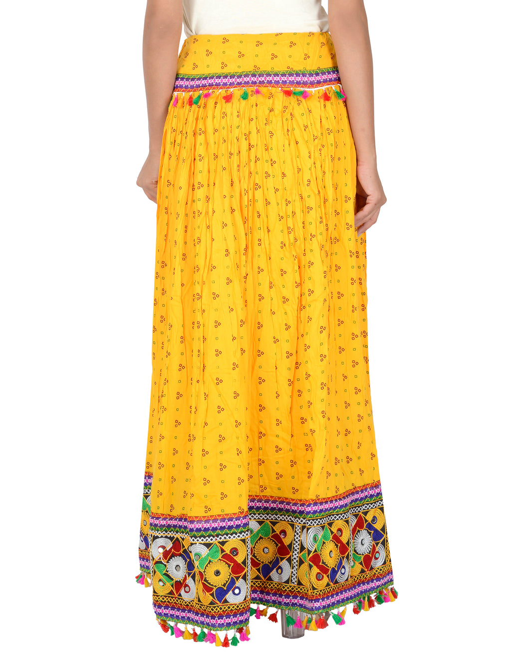 Bandhani Print & Kutchi Embroidered Border Rayon Skirt/Chaniya - BandhaniSkirt-Yellow