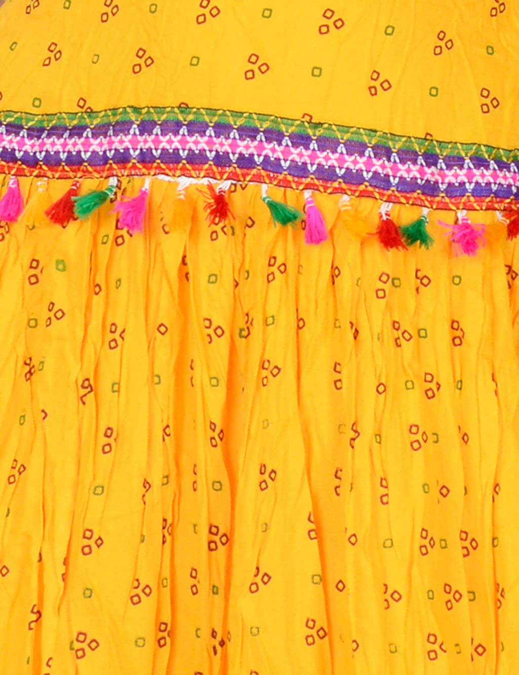 Bandhani Print & Kutchi Embroidered Border Rayon Skirt/Chaniya - BandhaniSkirt-Yellow