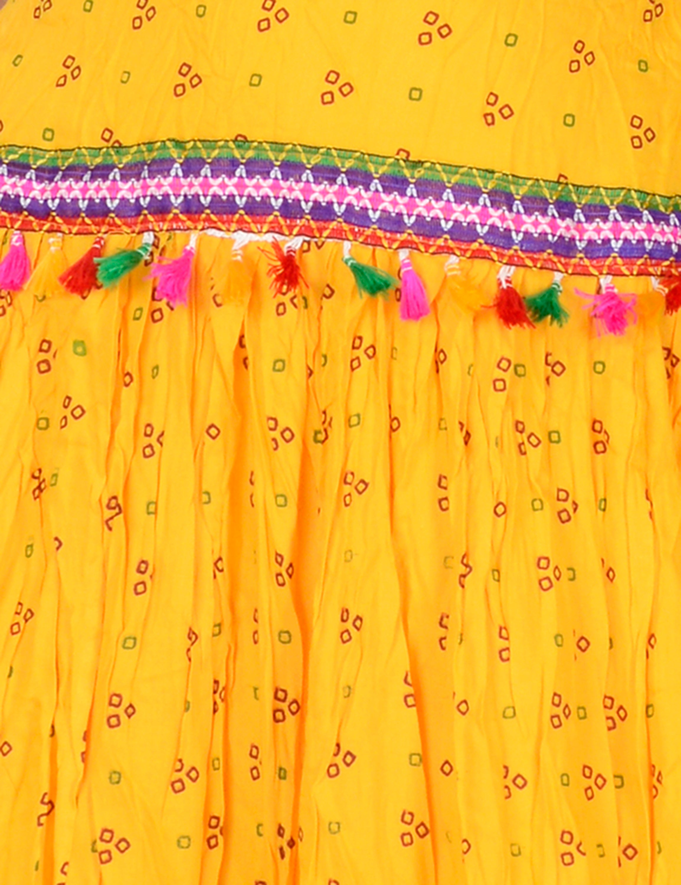 Bandhani Print & Kutchi Embroidered Border Rayon Skirt/Chaniya - BandhaniSkirt-Yellow