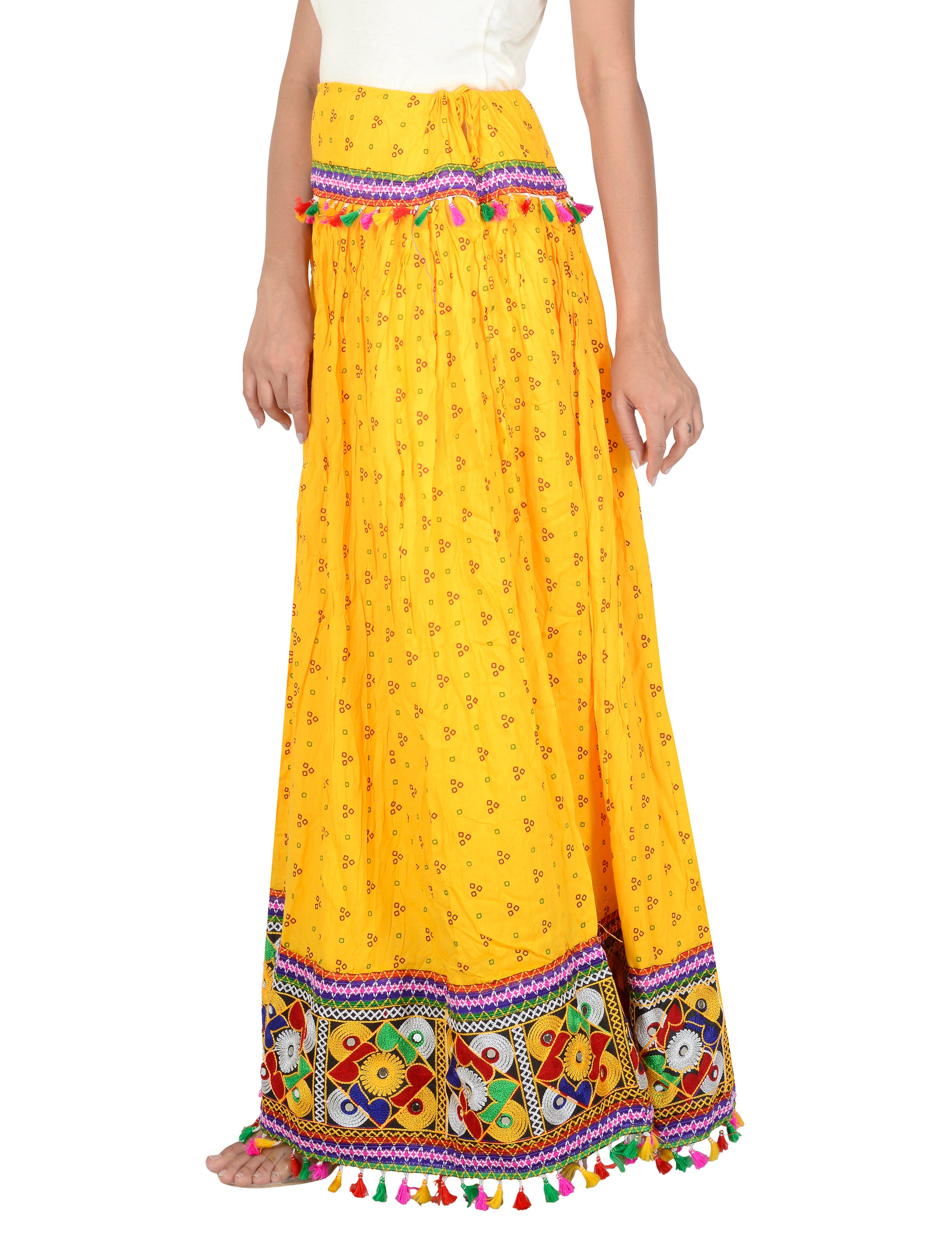 Bandhani Print & Kutchi Embroidered Border Rayon Skirt/Chaniya - BandhaniSkirt-Yellow