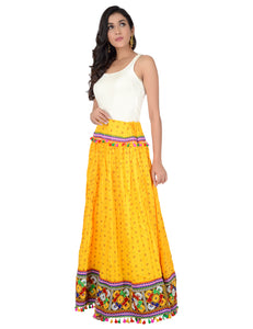 Bandhani Print & Kutchi Embroidered Border Rayon Skirt/Chaniya - BandhaniSkirt-Yellow