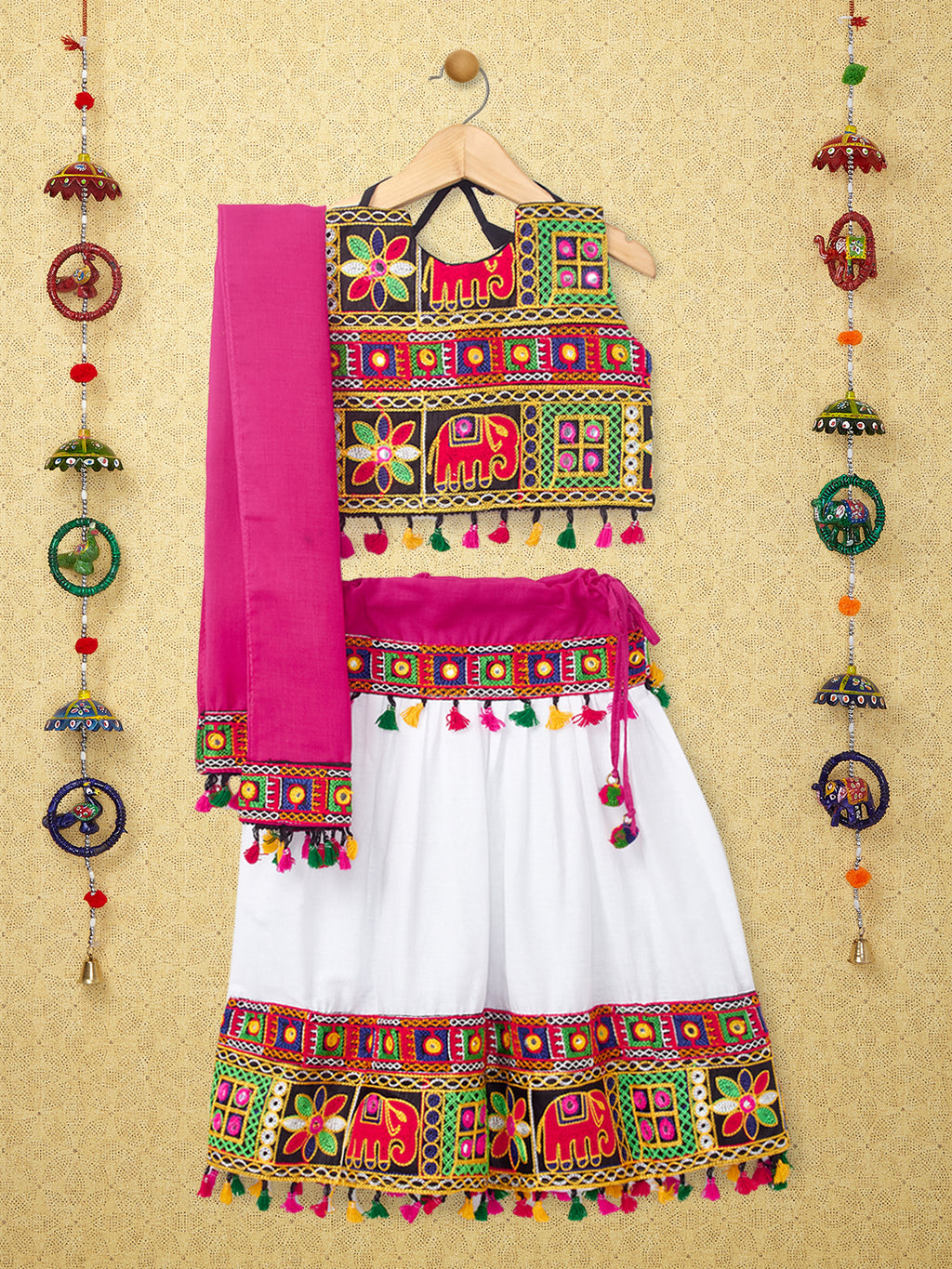 Banjara India Kutchi Emboidered Black Girls Chaniya Choli with Dupatta (CC-WILD) - White