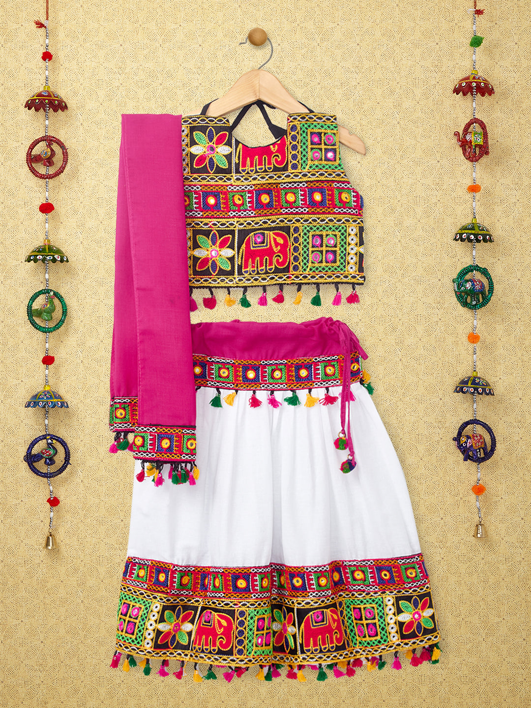 Banjara India Kutchi Emboidered Black Girls Chaniya Choli with Dupatta (CC-WILD) - White