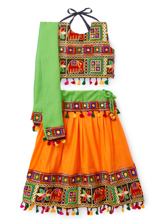 Banjara India Kutchi Embroidered Black Girls Chaniya Choli with Dupatta (CC-WILD) - Orange