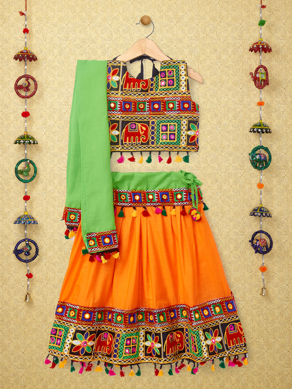 Banjara India Kutchi Embroidered Black Girls Chaniya Choli with Dupatta (CC-WILD) - Orange