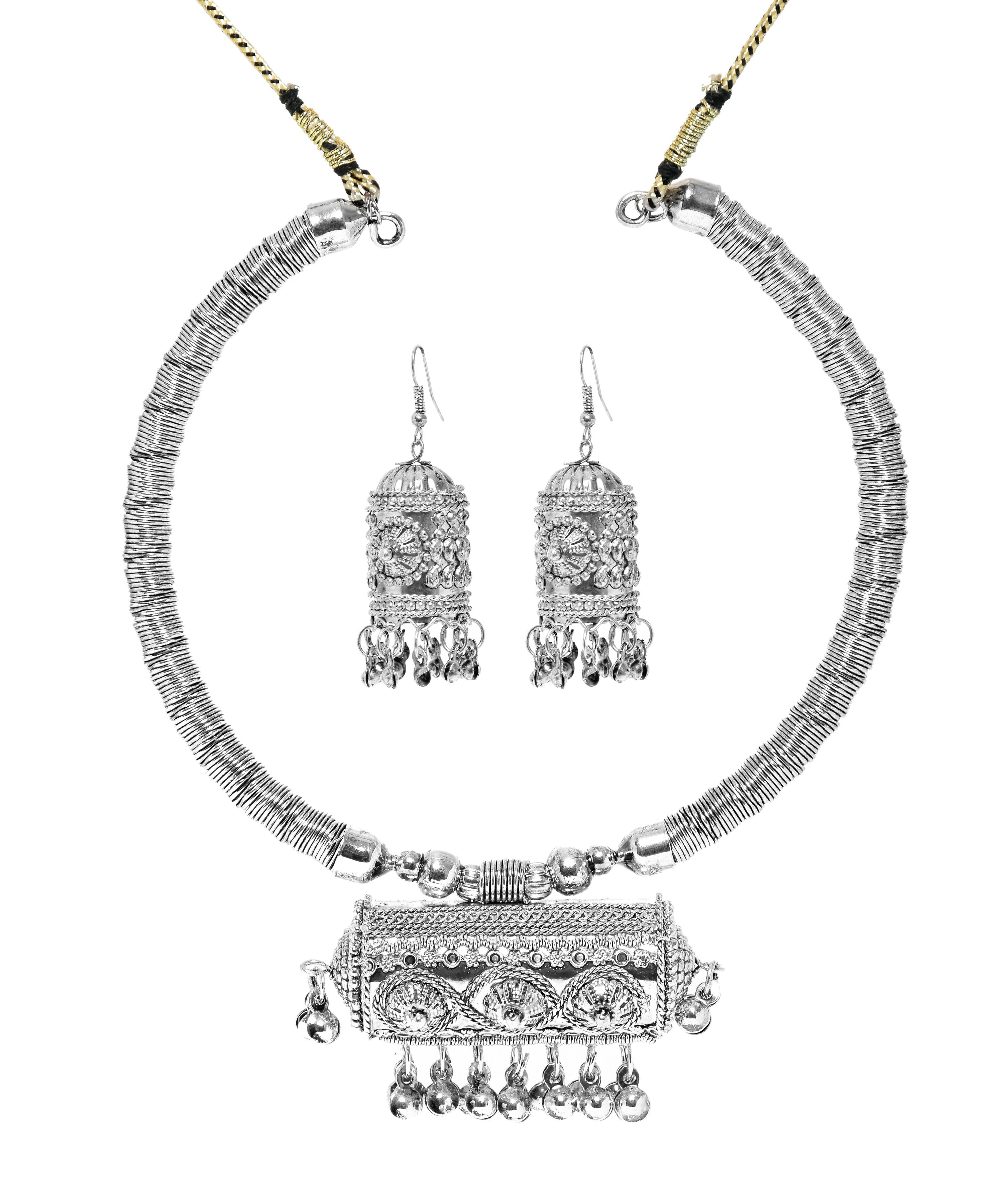 Oxidized Silver Plated Flower Design Beads Necklace Set-J002