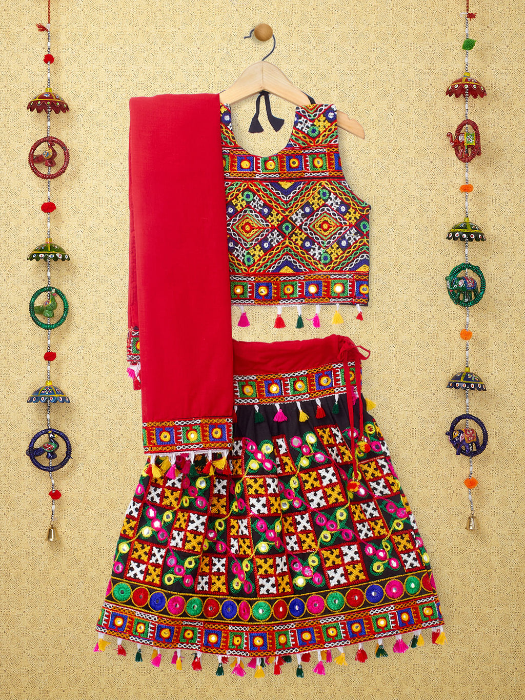 Banjara India Kutchi Emboidered Black Girls Chaniya Choli with Dupatta (CC-BWR) - Black