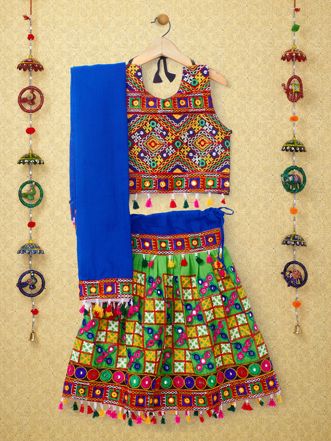 Banjara India Kutchi Emboidered Black Girls Chaniya Choli with Dupatta (CC-BWR) - Green