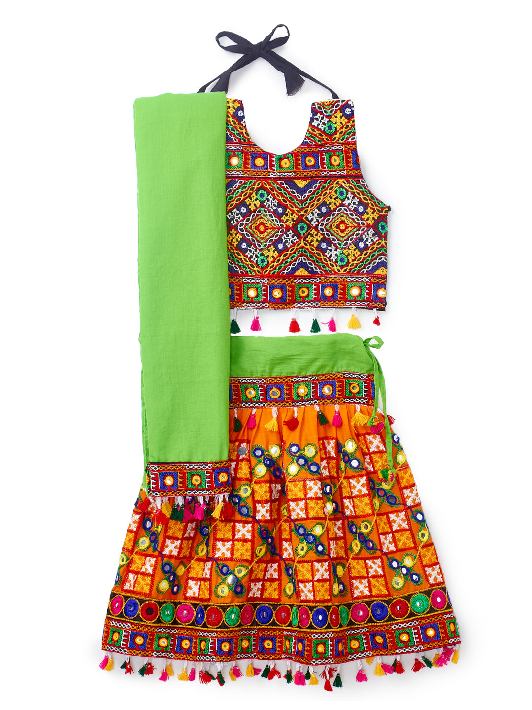 Banjara India Kutchi Emboidered Black Girls Chaniya Choli with Dupatta (CC-BWR) - Orange