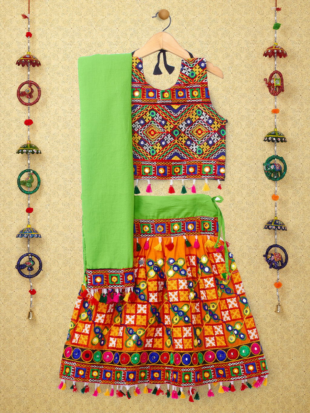Banjara India Kutchi Emboidered Black Girls Chaniya Choli with Dupatta (CC-BWR) - Orange
