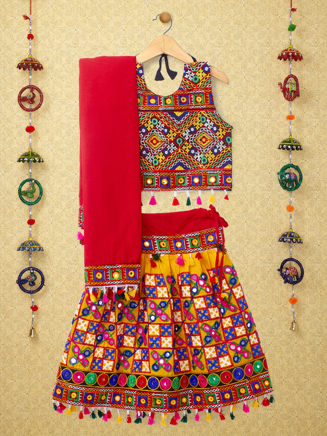 Banjara India Kutchi Emboidered Black Girls Chaniya Choli with Dupatta (CC-BWR) - Yellow