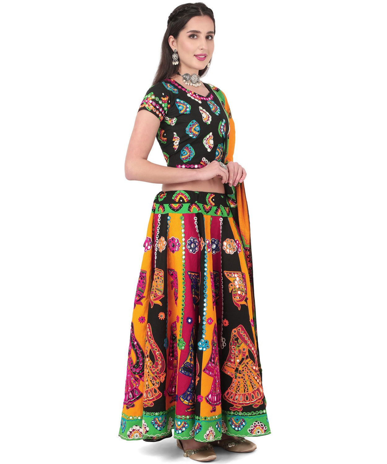 Banjara India Cotton Long Flair Aari Embroidery Kutch Work (Lehenga Choli) Chaniya Choli Set with Dupatta-(CC-DHINGALI-01)