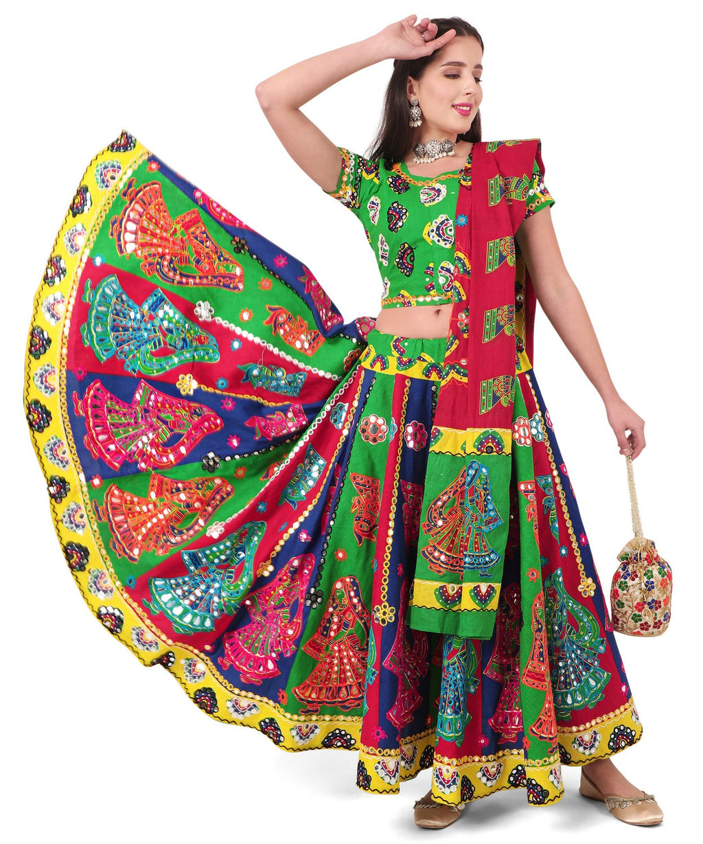 Banjara India Cotton Long Flair Aari Embroidery Kutch Work (Lehenga Choli) Chaniya Choli Set with Dupatta -(CC-DHINGALI-02)