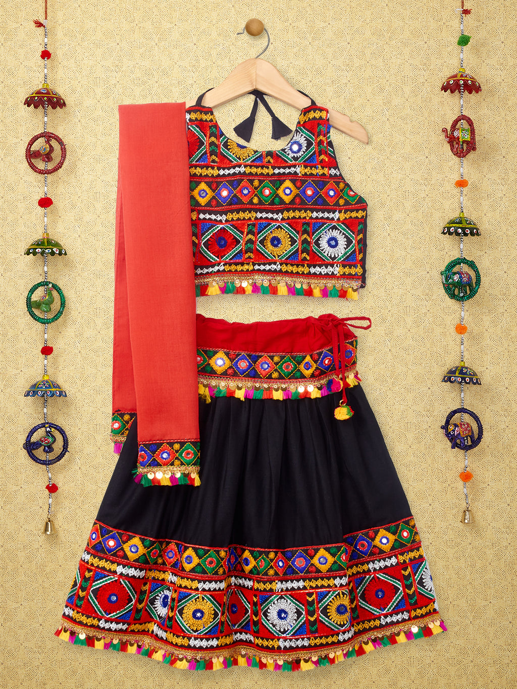 Banjara India Kutchi Emboidered Black Girls Chaniya Choli with Dupatta (CC-DMND) - Black