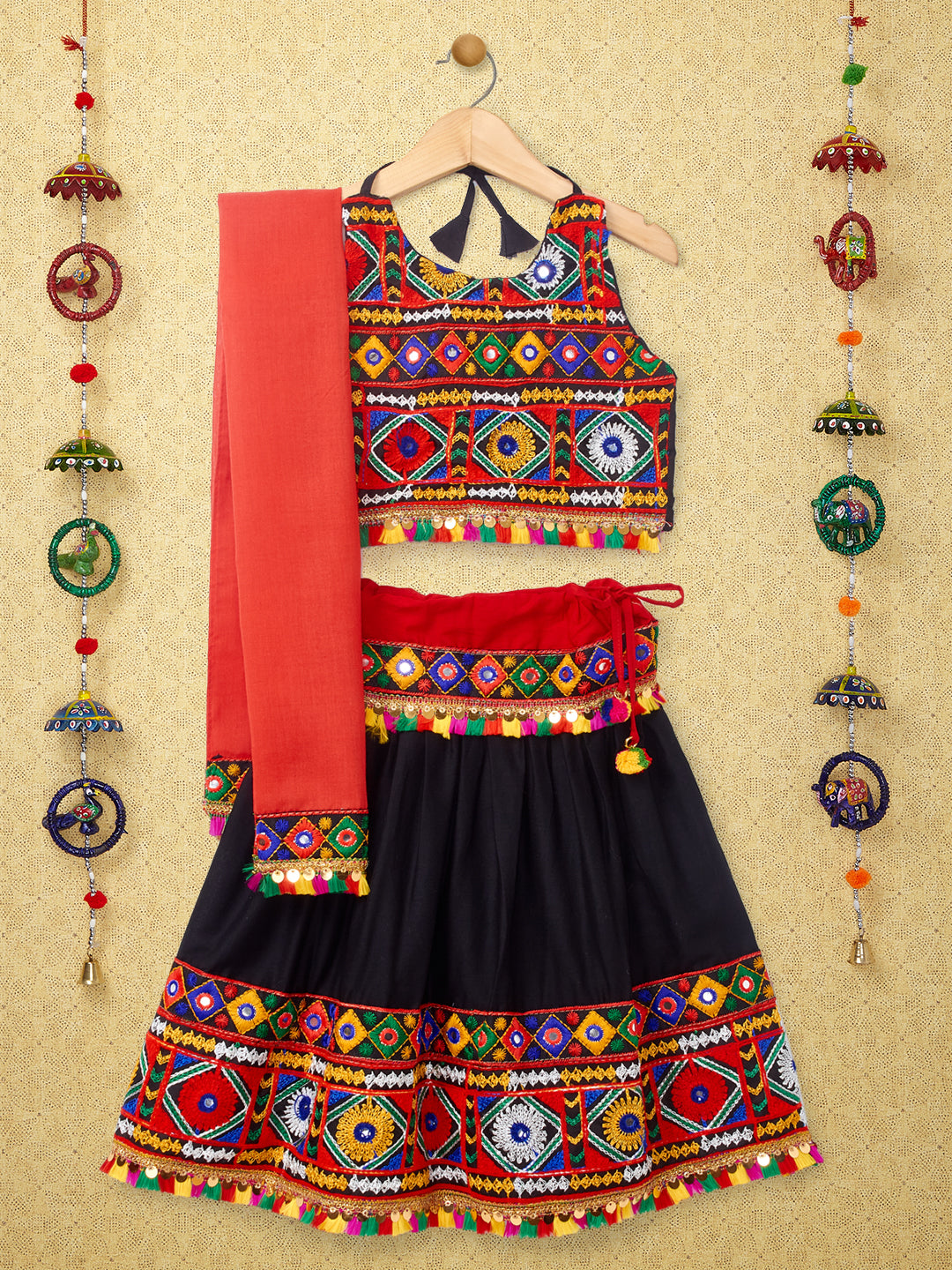 Banjara India Kutchi Emboidered Black Girls Chaniya Choli with Dupatta (CC-DMND) - Black