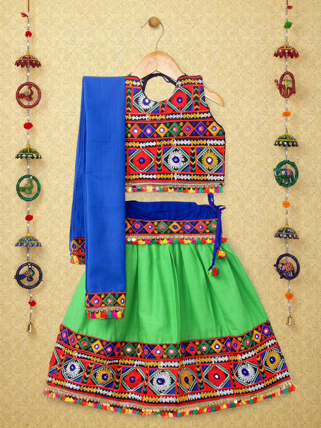 Banjara India Kutchi Emboidered Black Girls Chaniya Choli with Dupatta (CC-DMND) - Green