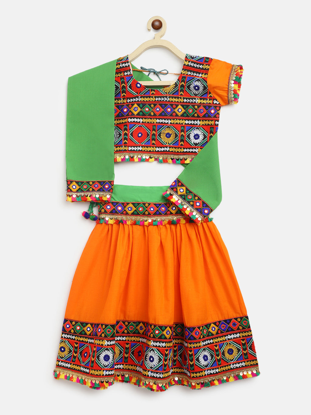 Banjara India Kutchi Emboidered Black Girls Chaniya Choli with Dupatta (CC-DMND) - Orange