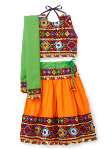 Banjara India Kutchi Emboidered Black Girls Chaniya Choli with Dupatta (CC-DMND) - Orange