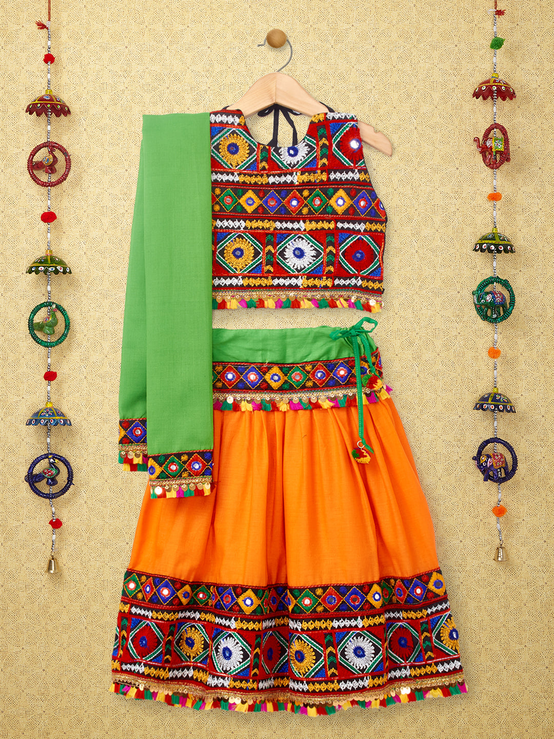 Banjara India Kutchi Emboidered Black Girls Chaniya Choli with Dupatta (CC-DMND) - Orange