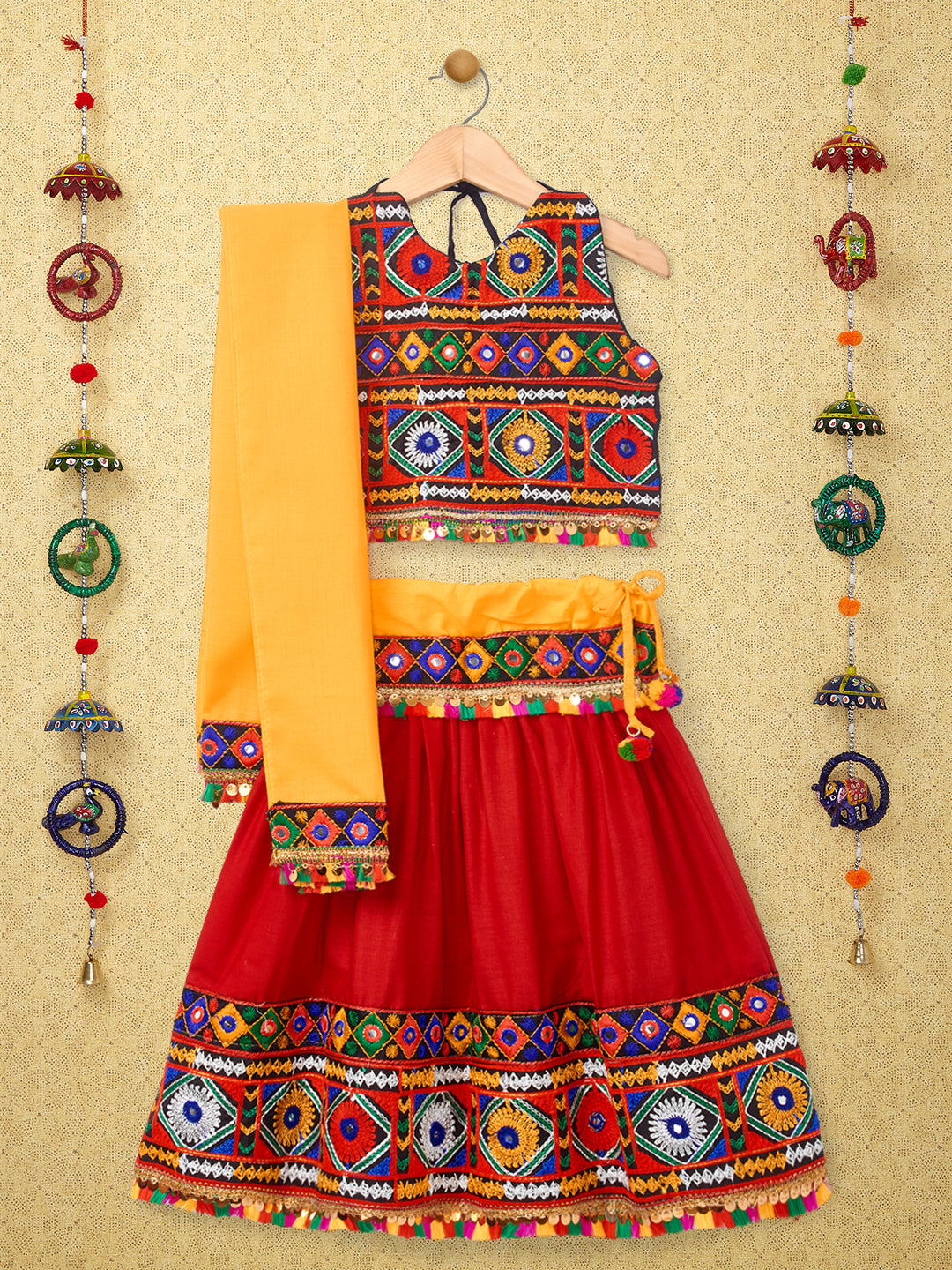 Banjara India Kutchi Emboidered Black Girls Chaniya Choli with Dupatta (CC-DMND) - Red