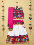 Banjara India Kutchi Emboidered Black Girls Chaniya Choli with Dupatta (CC-DMND) - White
