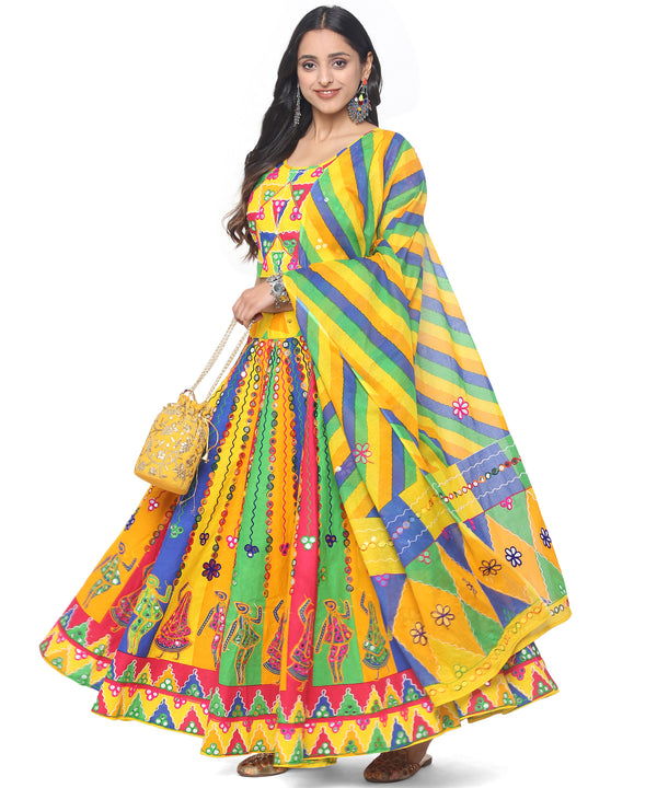 Banjara India Cotton Long Flair Aari Embroidery Kutch Work (Lehenga Choli) Chaniya Choli Set with Dupatta-DND03