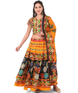 Banjara India Cotton Long Flair Aari Embroidery Kutch Work (Lehenga Choli) Chaniya Choli Set with Dupatta-GOL06
