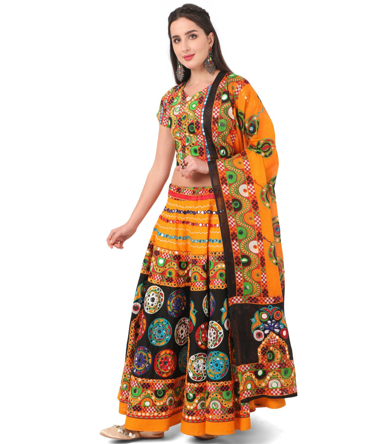 Banjara India Cotton Long Flair Aari Embroidery Kutch Work (Lehenga Choli) Chaniya Choli Set with Dupatta-GOL06